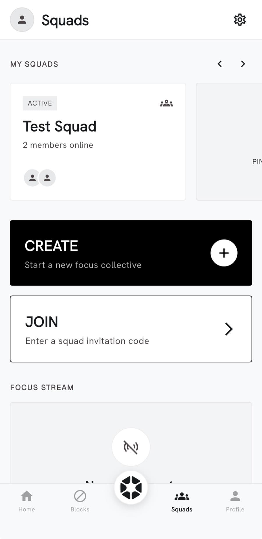 Touchstone Squads screen with an active squad and options to create or join one